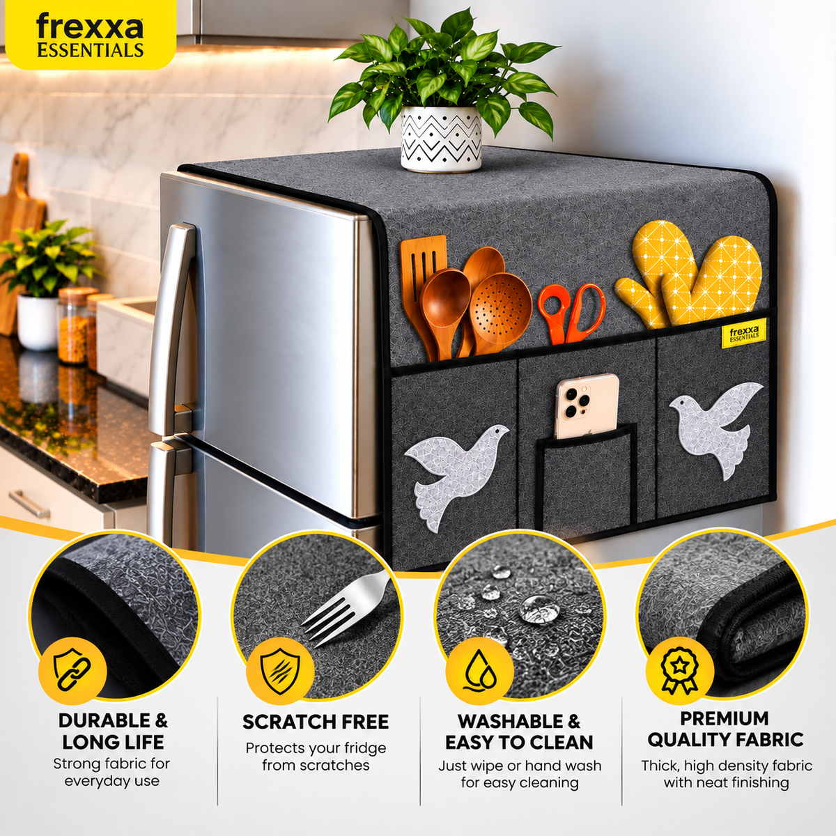 Frexxa Fridge Top Cover with Side Pockets - Dark Grey