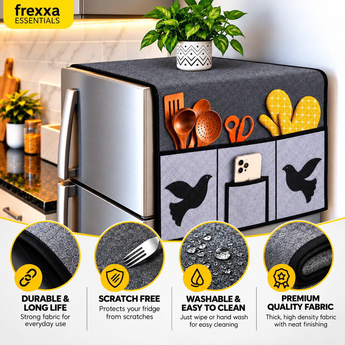 Frexxa Fridge Top Cover with Side Pockets - Black Grey