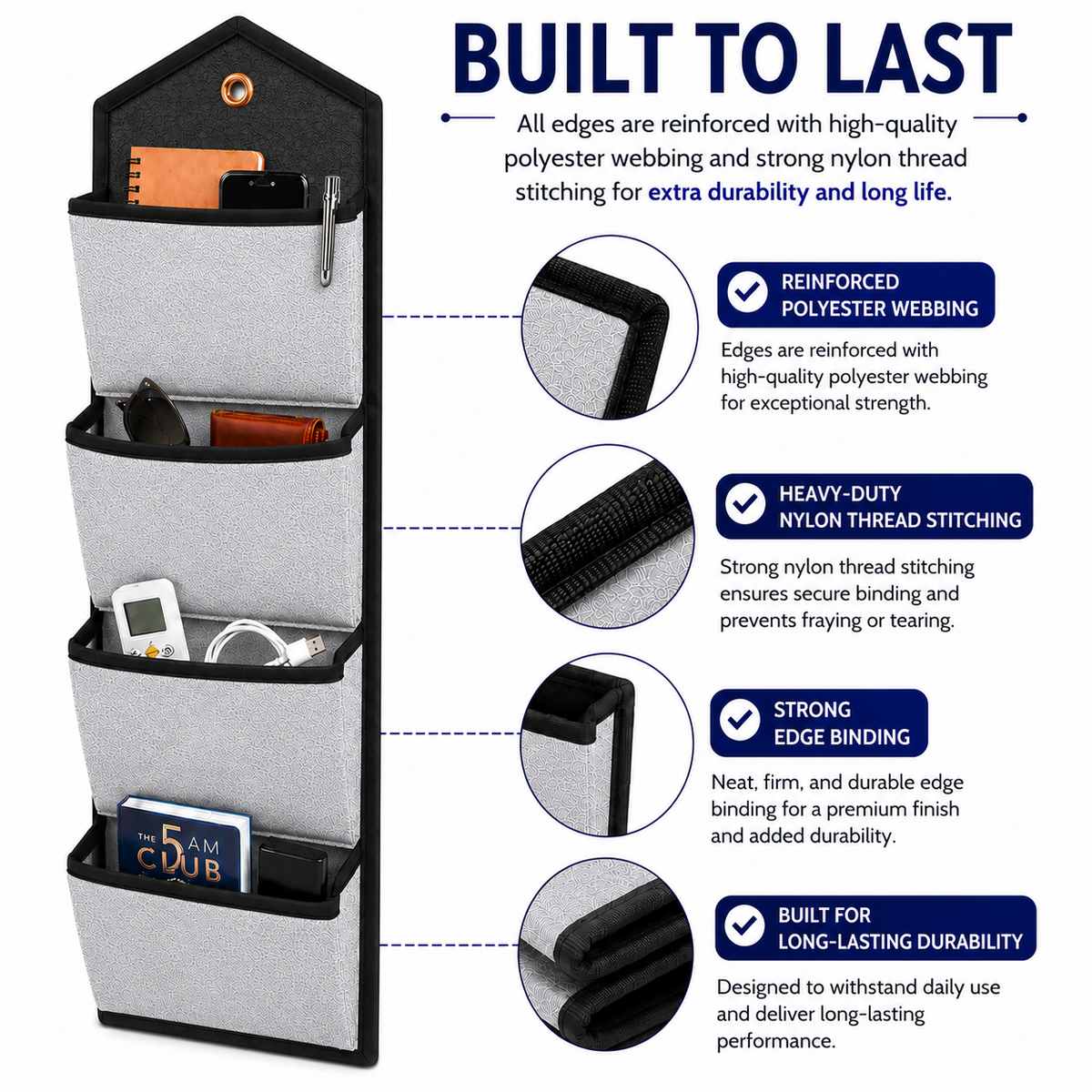 Wall Hanging Storage Organize with 4 Pockets (Large) Grey