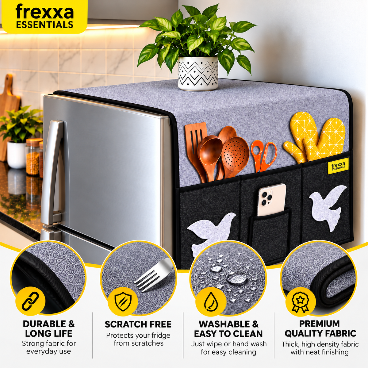 Frexxa Fridge Top Cover with Side Pocket - Grey Black