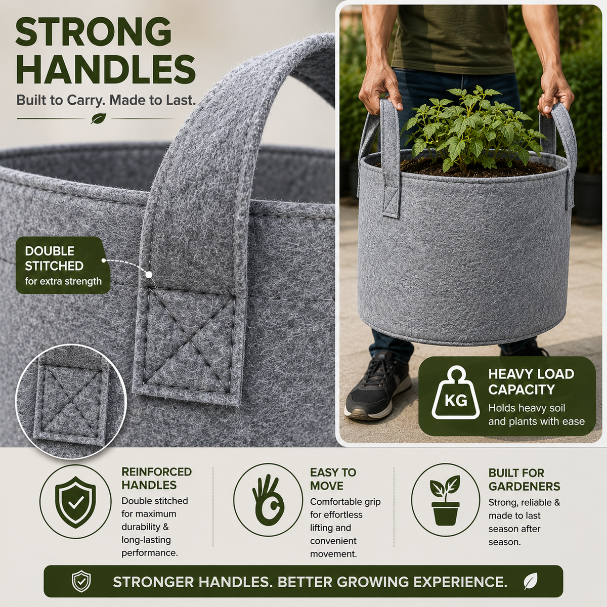 Plant Grow Bag | Heavy-Duty Breathable Fabric Plant Pot for Vegetables, Flowers, Herbs & Terrace Gardening (Color-Grey)
