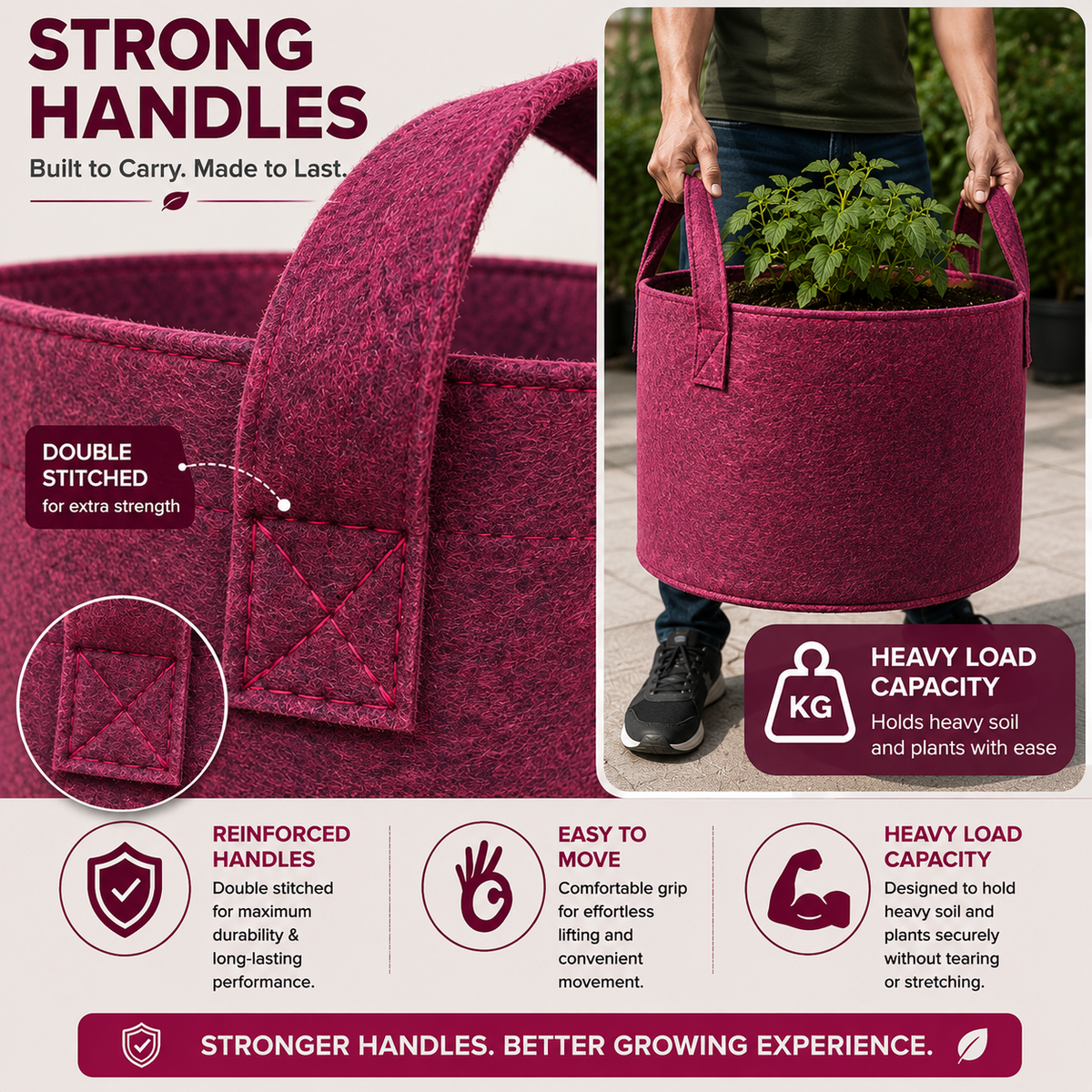 Plant Grow Bag | Heavy-Duty Breathable Fabric Plant Pot for Vegetables, Flowers, Herbs & Terrace Gardening (Color-Maroon)