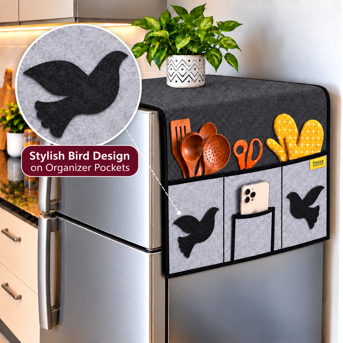Frexxa Fridge Top Cover with Side Pockets - Black Grey