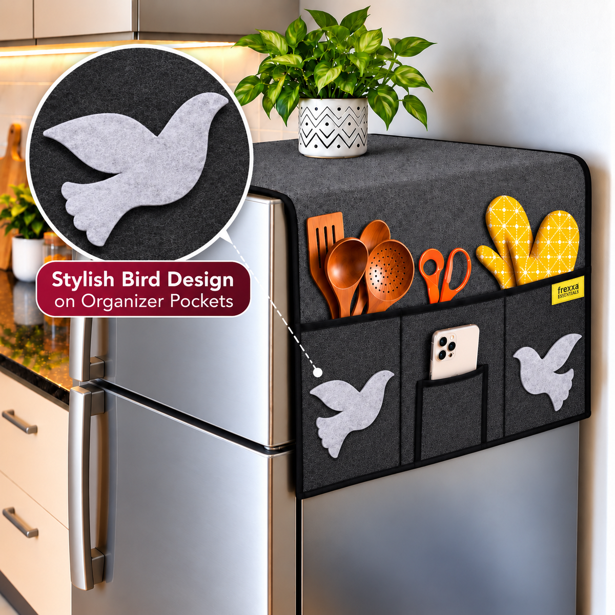 Frexxa Fridge Top Cover with Side Pockets - Dark Grey