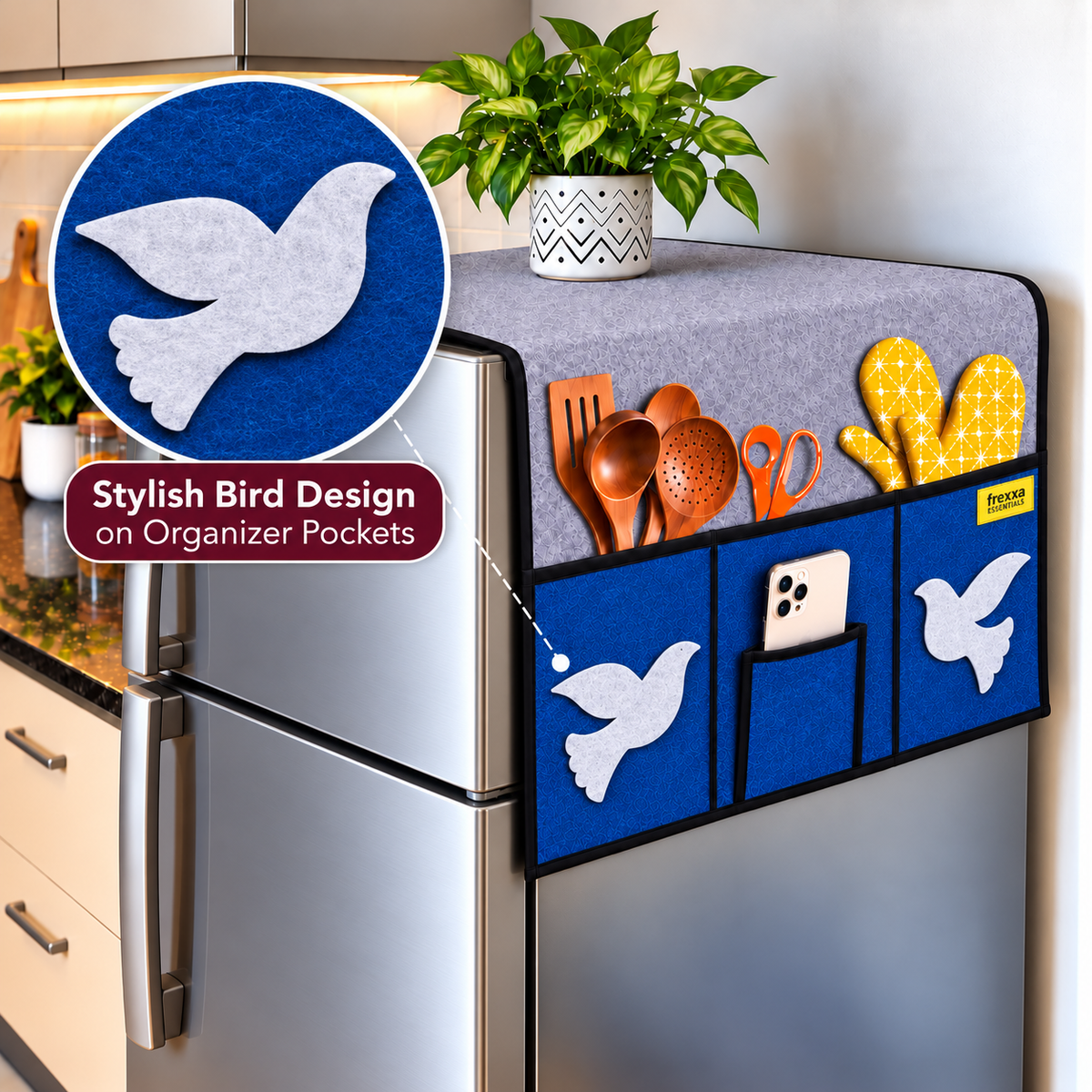 Frexxa Fridge Top Cover with Side Pockets - Grey Blue