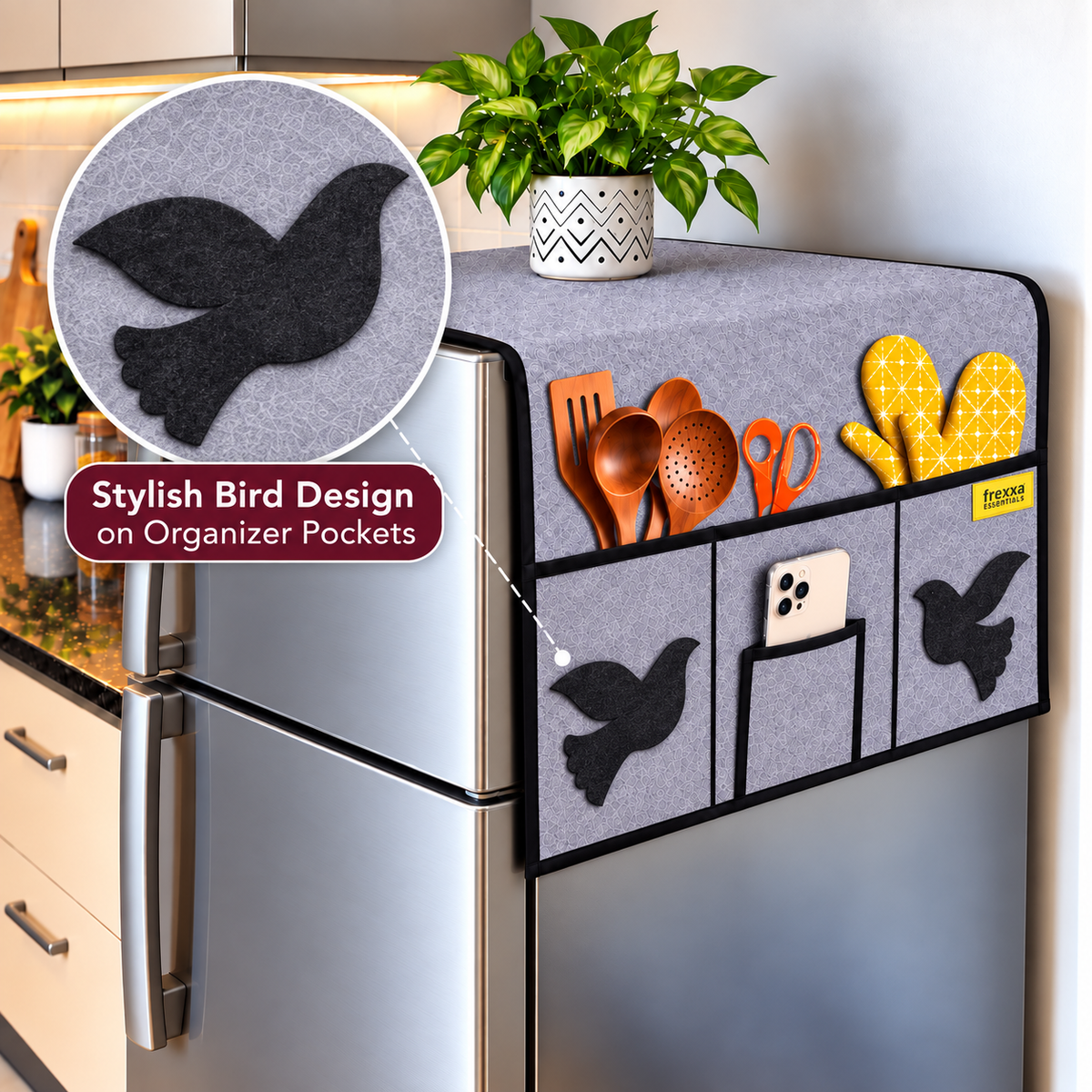 Frexxa Fridge Top Cover with Side Pocket - Grey
