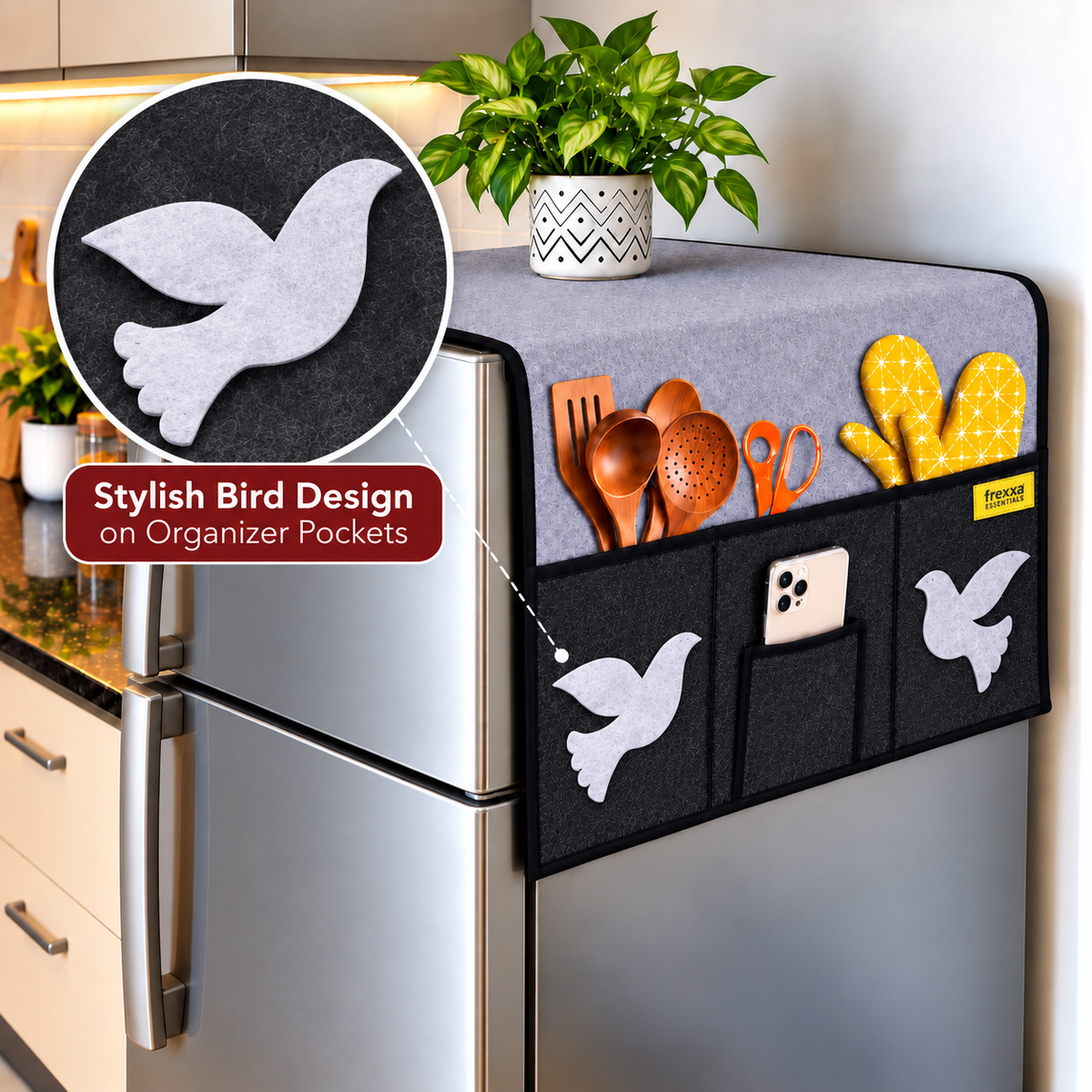 Frexxa Fridge Top Cover with Side Pocket - Grey Black