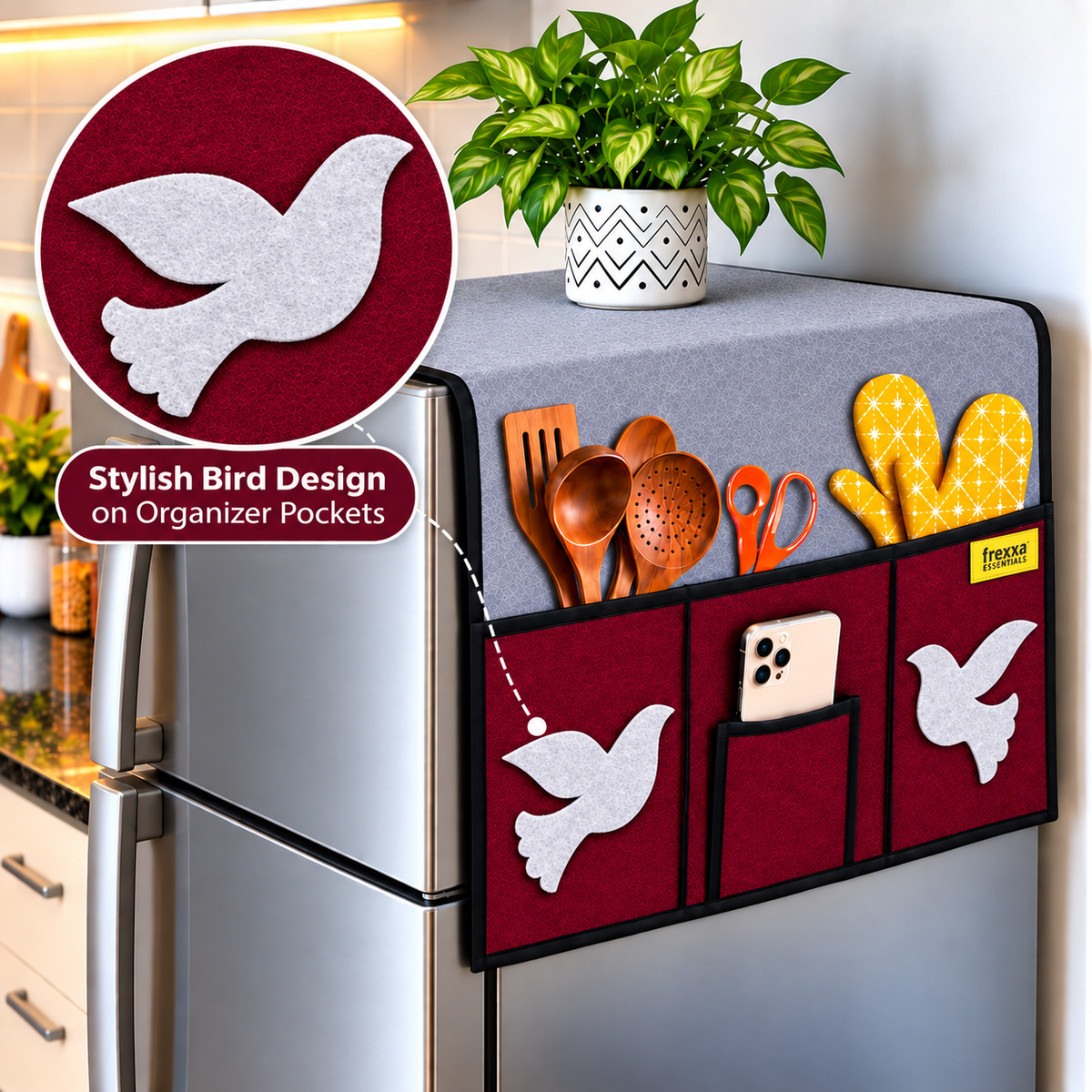 Frexxa Fridge Top Cover with Side Pockets - Grey Maroon