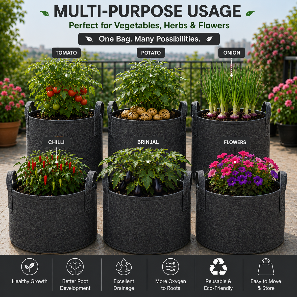 Plant Grow Bag | Heavy-Duty Breathable Fabric Plant Pot for Vegetables, Flowers, Herbs & Terrace Gardening (Color-Dark Grey)