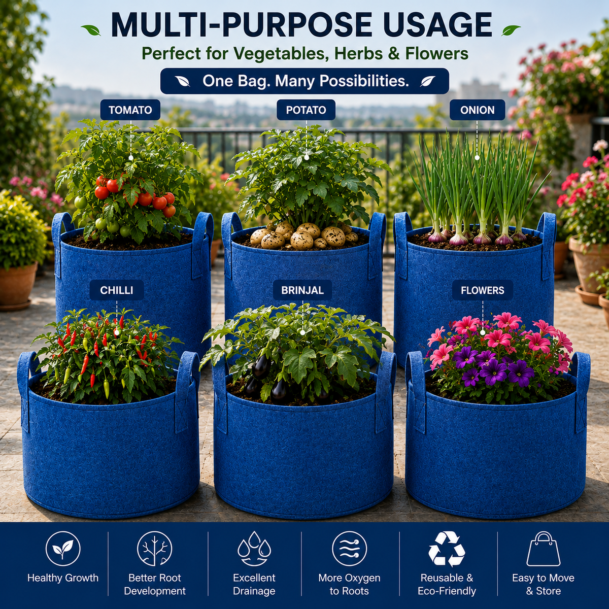 Plant Grow Bag | Heavy-Duty Breathable Fabric Plant Pot for Vegetables, Flowers, Herbs & Terrace Gardening (Color-Blue)
