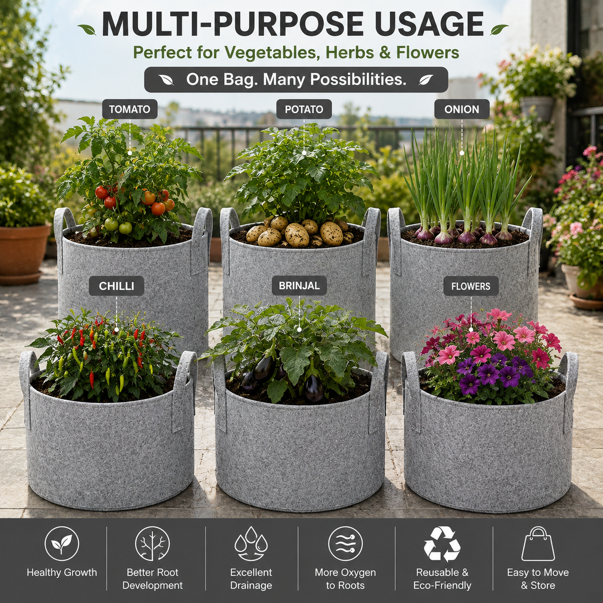 Plant Grow Bag | Heavy-Duty Breathable Fabric Plant Pot for Vegetables, Flowers, Herbs & Terrace Gardening (Color-Grey)