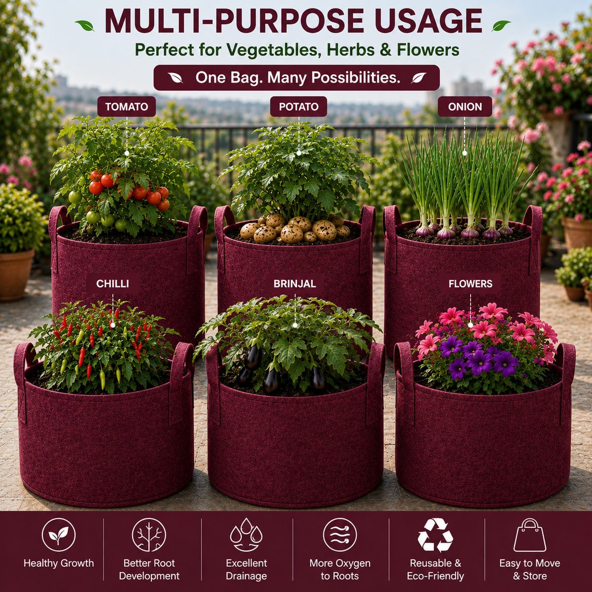 Plant Grow Bag | Heavy-Duty Breathable Fabric Plant Pot for Vegetables, Flowers, Herbs & Terrace Gardening (Color-Maroon)