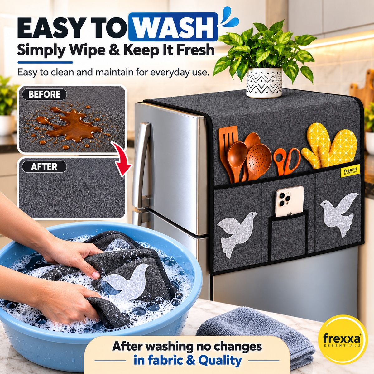 Frexxa Fridge Top Cover with Side Pockets - Dark Grey