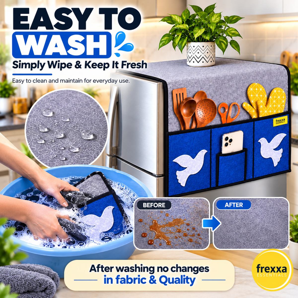 Frexxa Fridge Top Cover with Side Pockets - Grey Blue