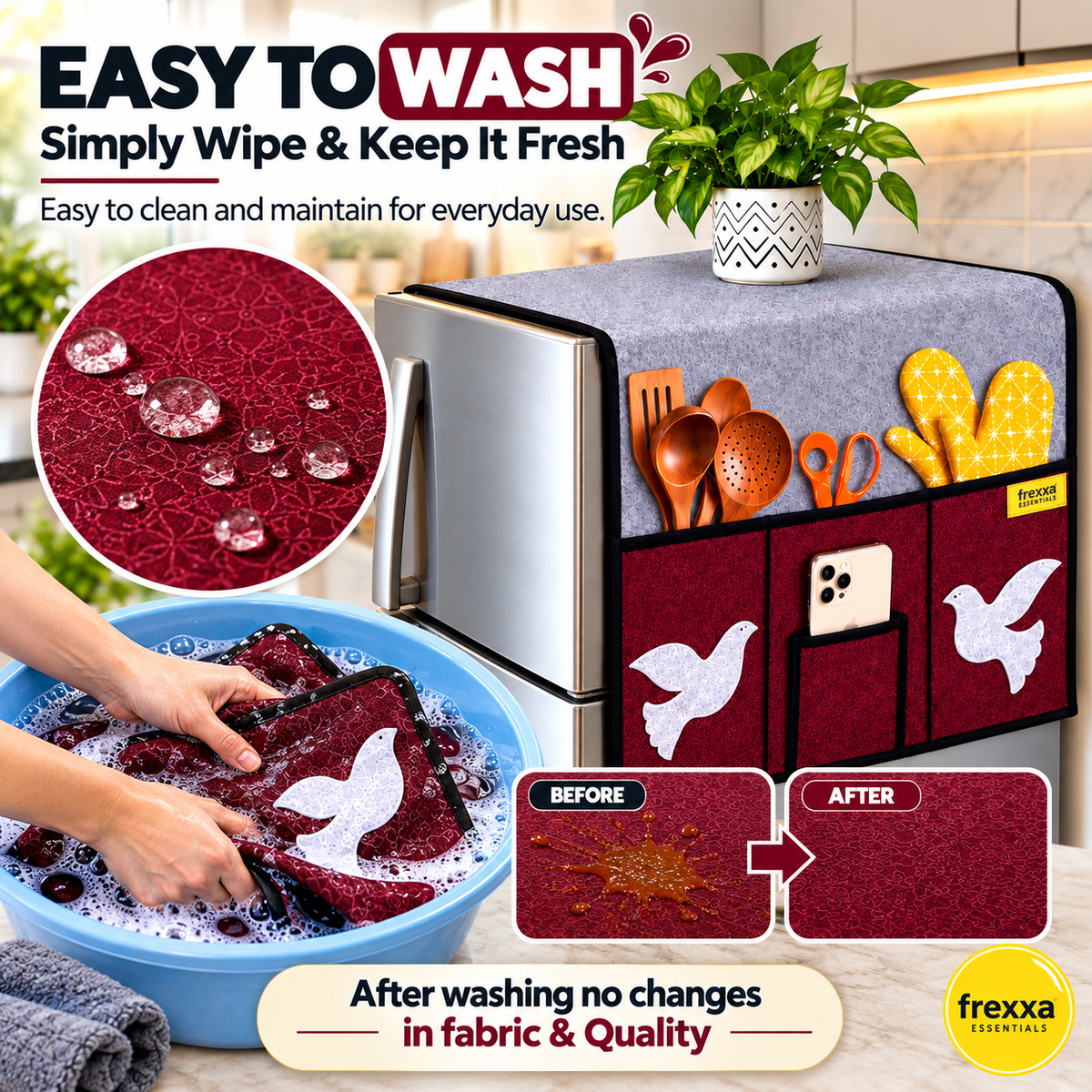 Frexxa Fridge Top Cover with Side Pockets - Grey Maroon