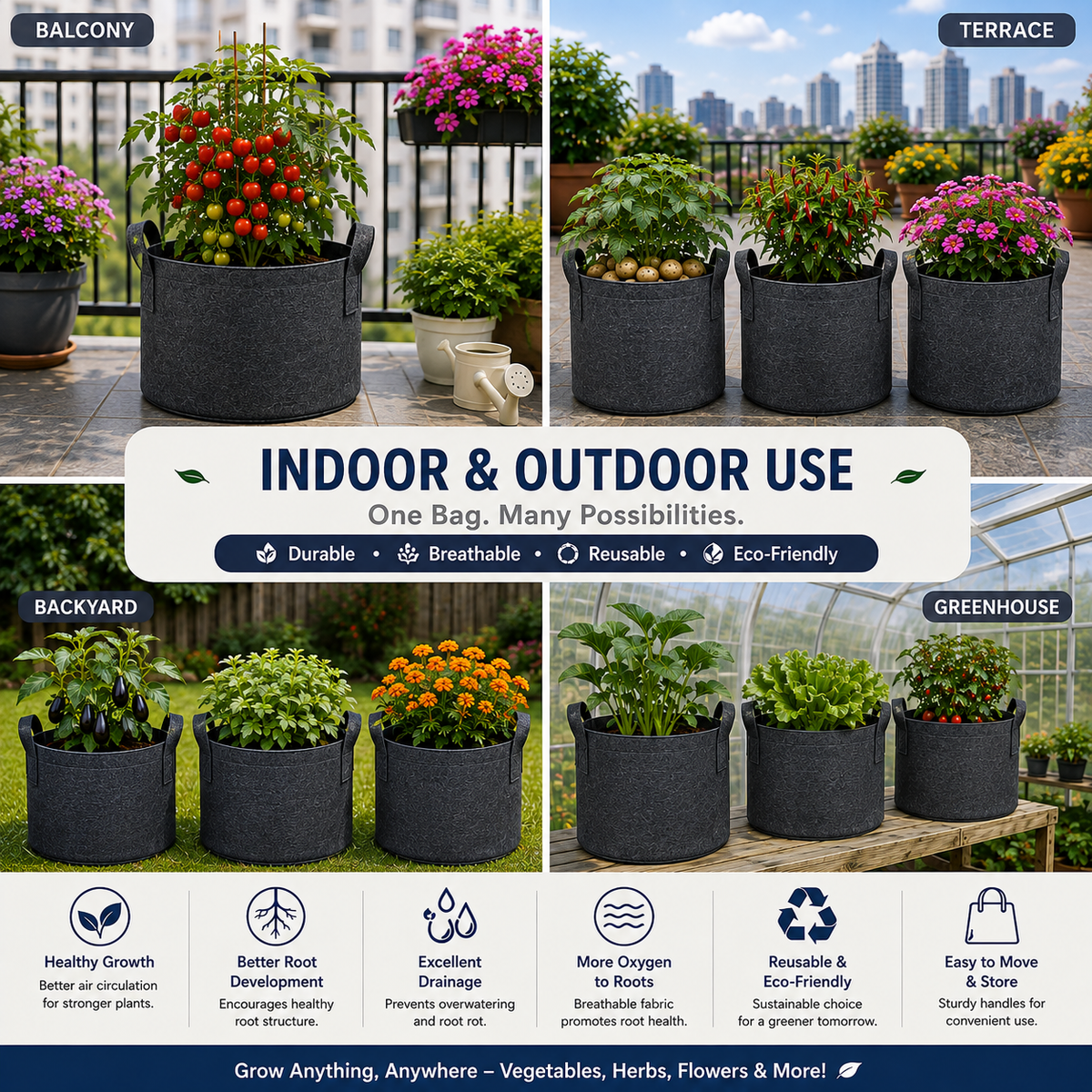 Plant Grow Bag | Heavy-Duty Breathable Fabric Plant Pot for Vegetables, Flowers, Herbs & Terrace Gardening (Color-Dark Grey)