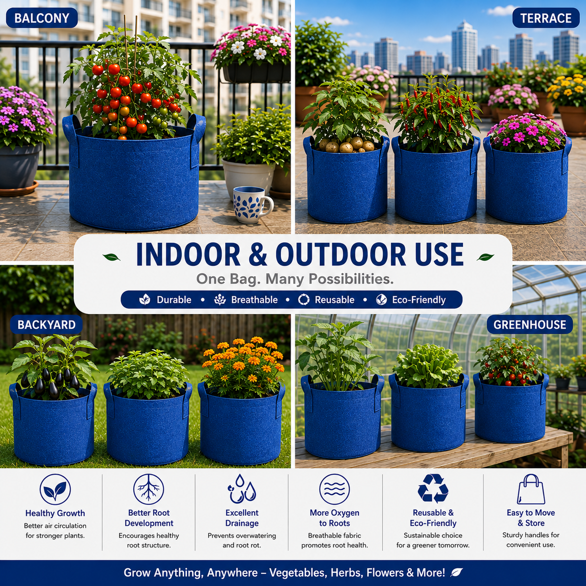 Plant Grow Bag | Heavy-Duty Breathable Fabric Plant Pot for Vegetables, Flowers, Herbs & Terrace Gardening (Color-Blue)