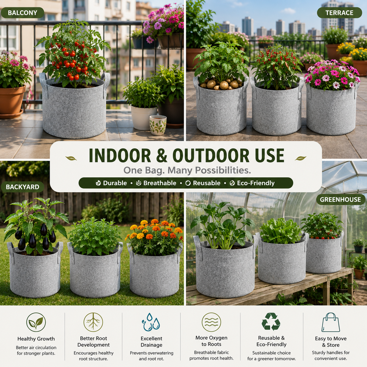 Plant Grow Bag | Heavy-Duty Breathable Fabric Plant Pot for Vegetables, Flowers, Herbs & Terrace Gardening (Color-Grey)