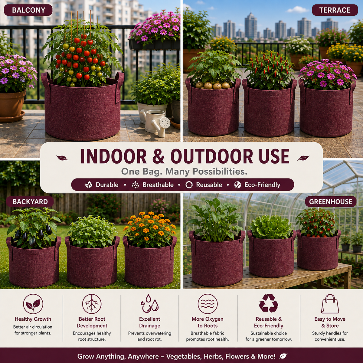 Plant Grow Bag | Heavy-Duty Breathable Fabric Plant Pot for Vegetables, Flowers, Herbs & Terrace Gardening (Color-Maroon)