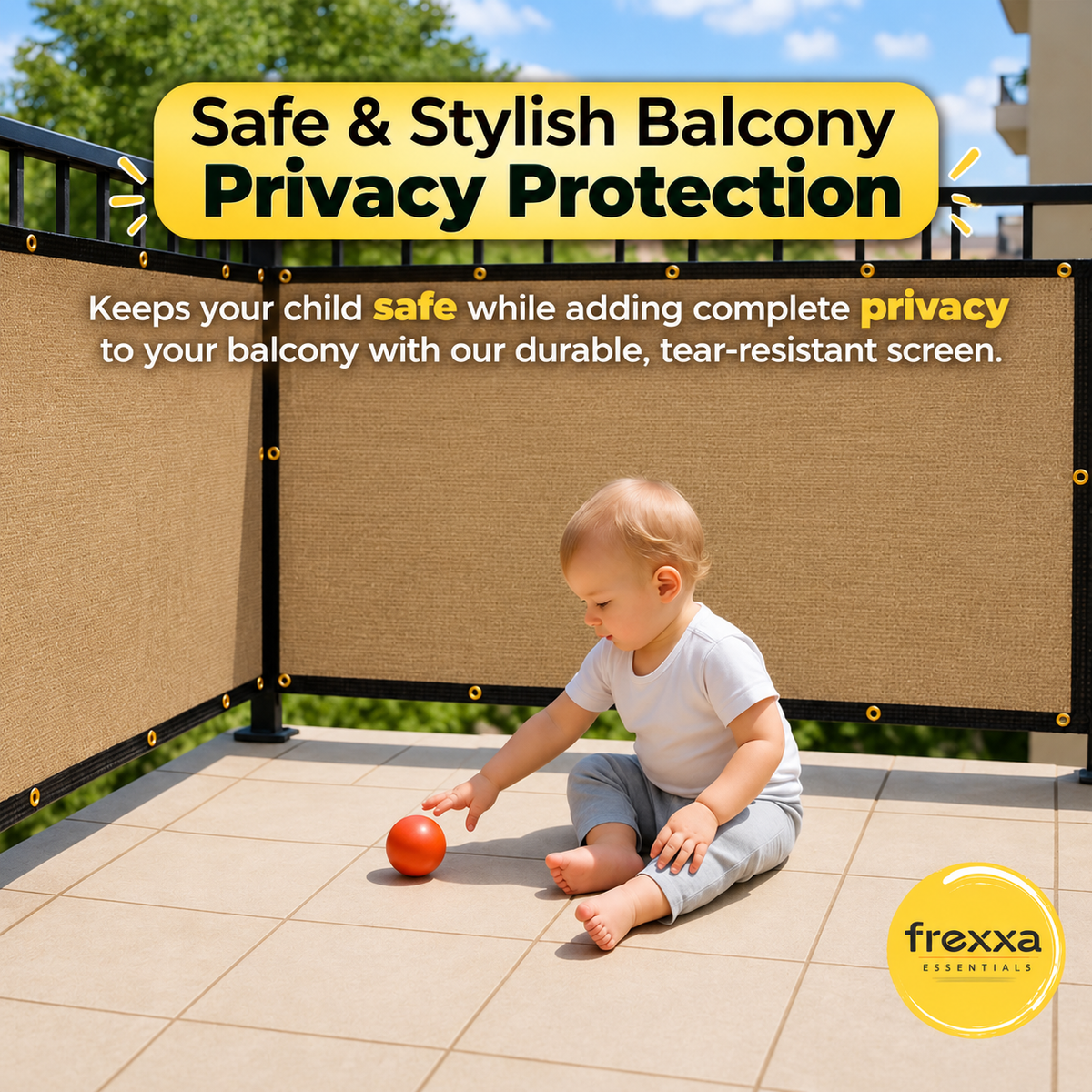 Privacy Screen Fence Shade Net for Balcony, Garden, Terrace & Outdoor Fence Heavy Duty with Polyester Band, Brass Eyelets & Tie Cords (Beige Black)