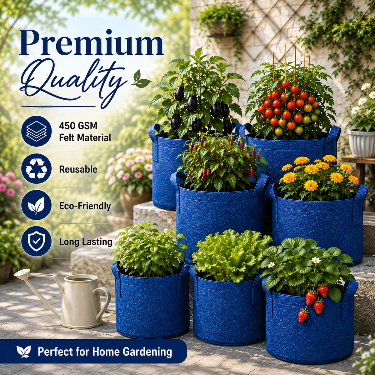 Plant Grow Bag | Heavy-Duty Breathable Fabric Plant Pot for Vegetables, Flowers, Herbs & Terrace Gardening (Color-Blue)