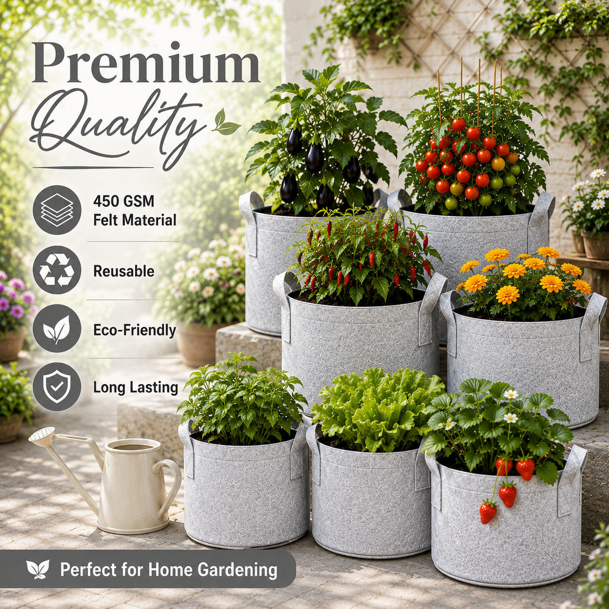 Plant Grow Bag | Heavy-Duty Breathable Fabric Plant Pot for Vegetables, Flowers, Herbs & Terrace Gardening (Color-Grey)
