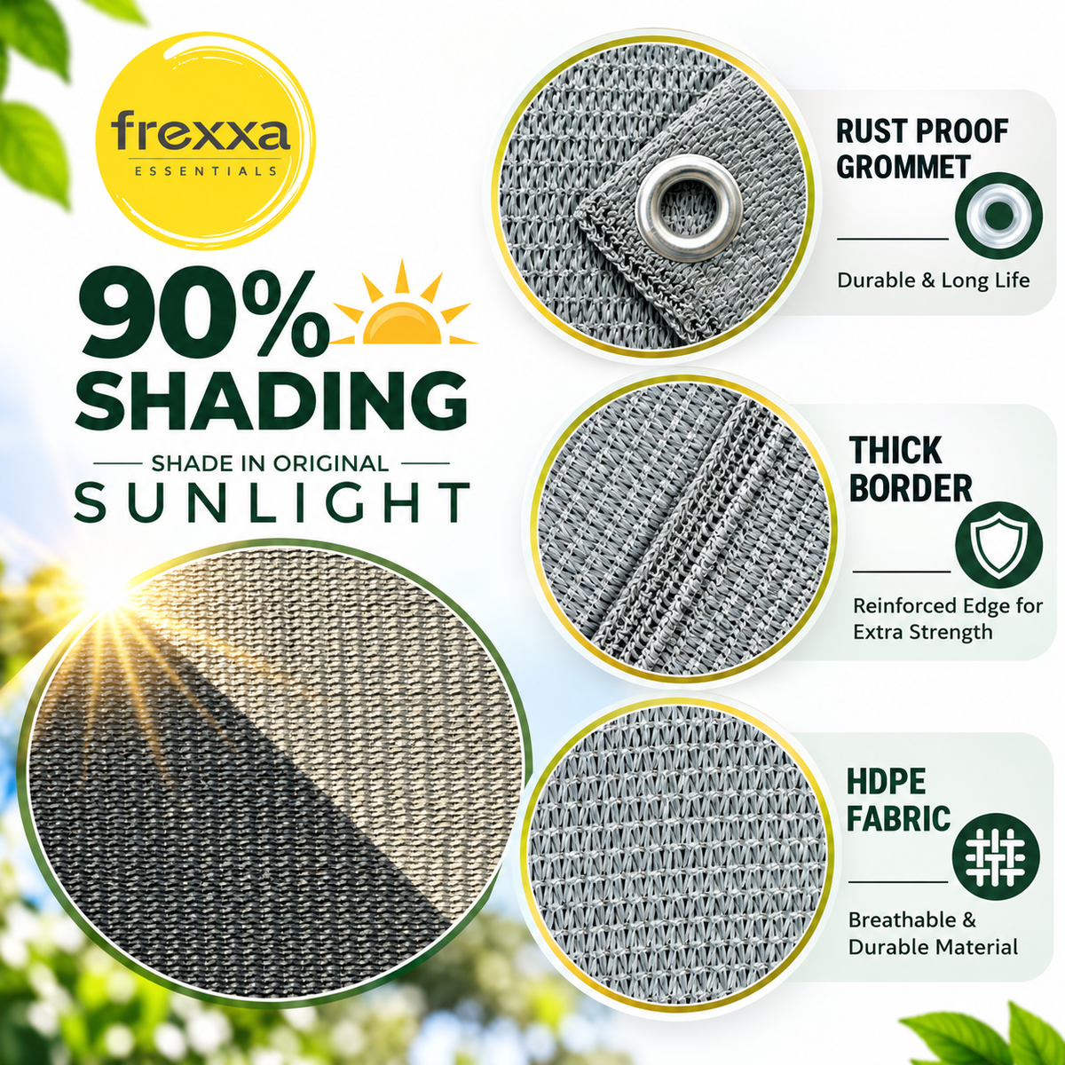 HDPE Fabric Sun Shade Net 90% Protection from Sun & UV Rays Ideal for Car Parking, Outdoor Garden, Balcony, Patio (Grey)