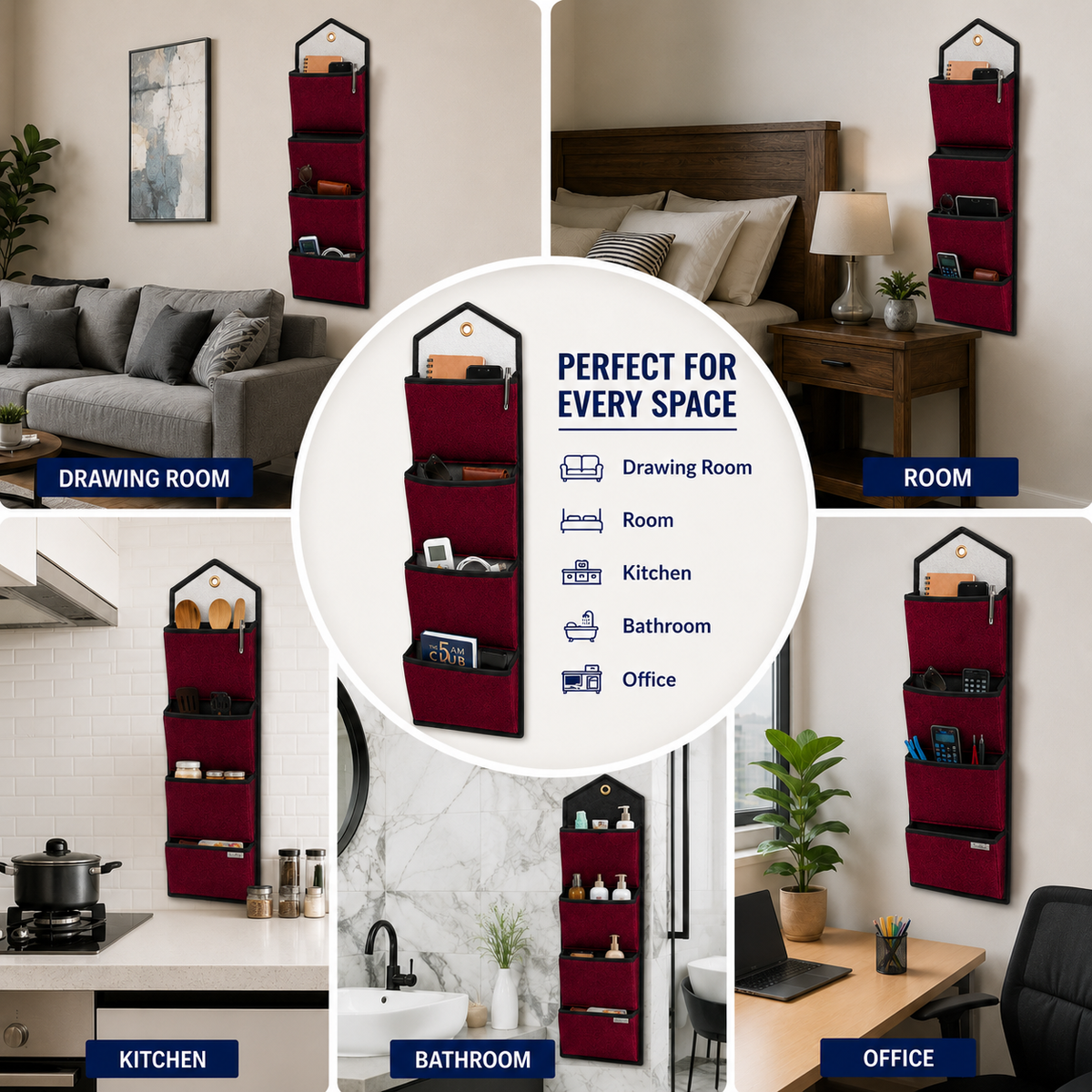 Wall Hanging Storage Organize with 4 Pockets (Large) Maroon