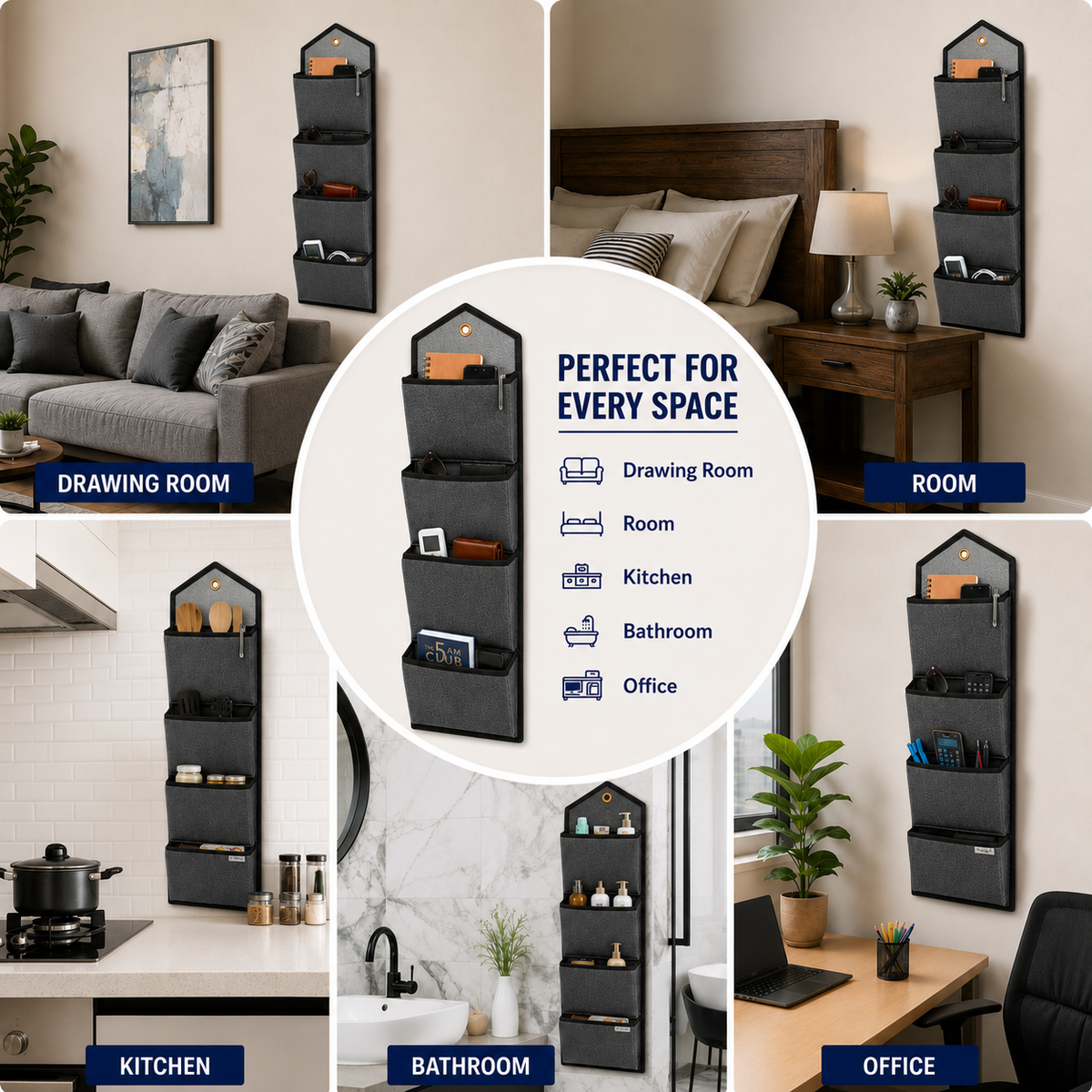 Wall Hanging Storage Organize with 4 Pockets (Large) Dark Grey