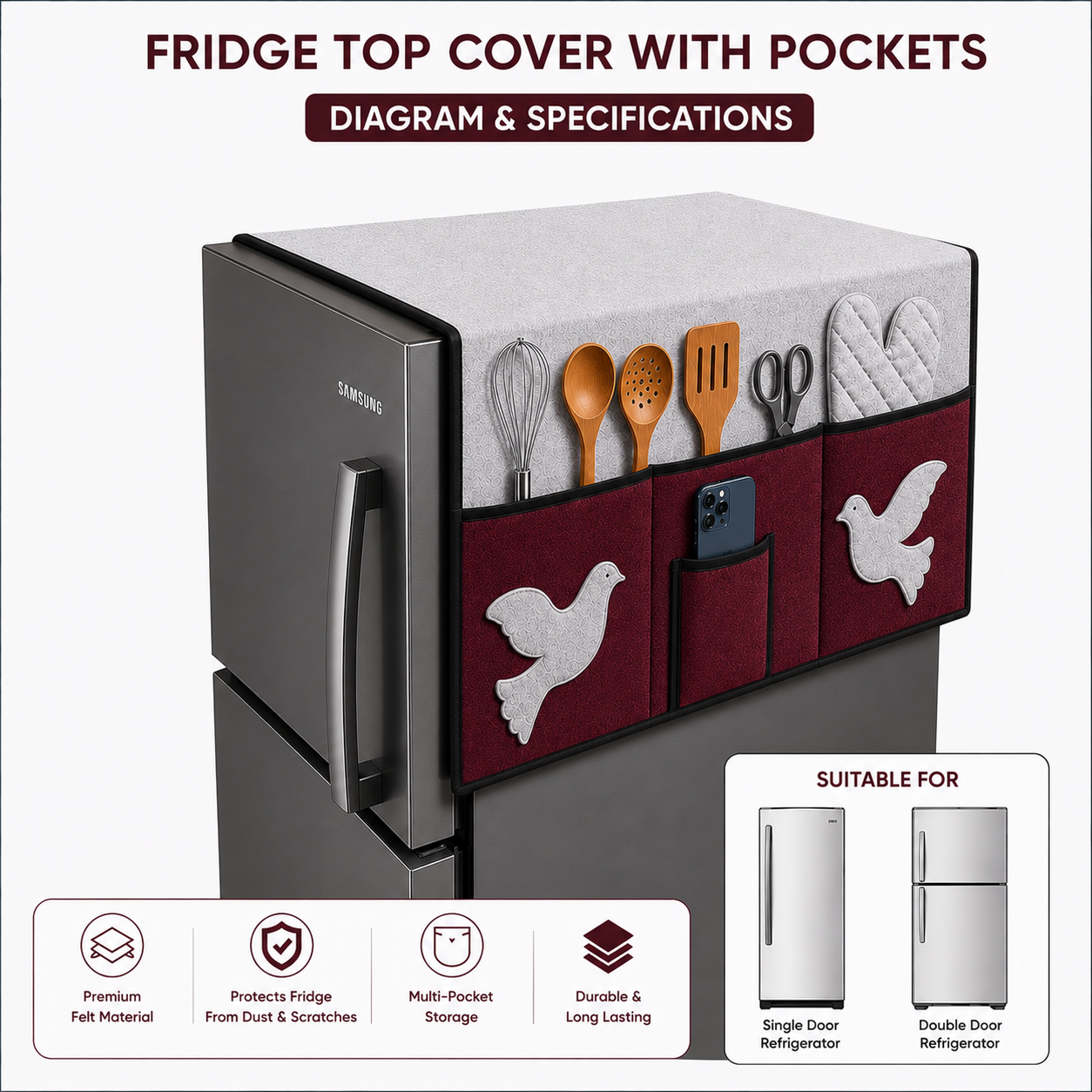 Fridge Top Cover Grey Maroon