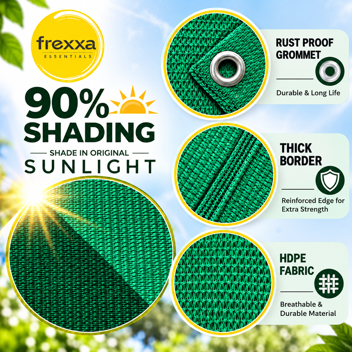 HDPE Fabric Sun Shade Net 90% Protection from Sun & UV Rays Ideal for Car Parking, Outdoor Garden, Balcony, Patio  (Green)