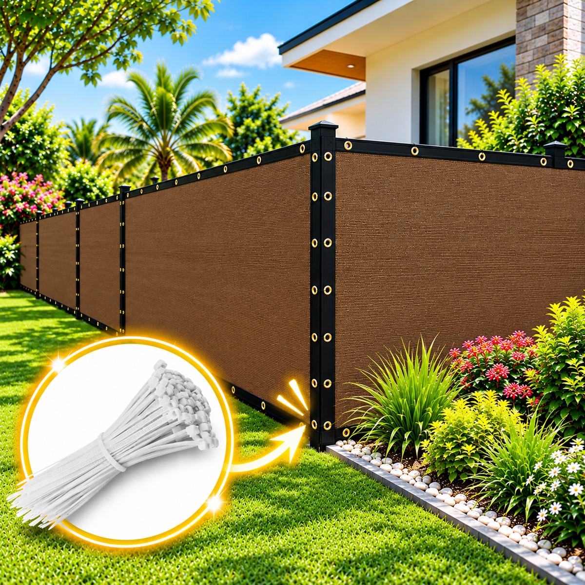 Privacy Screen Fence Shade Net for Balcony, Garden, Terrace & Outdoor Fence Heavy Duty with Polyester Band, Brass Eyelets & Tie Cords (Beige Black)