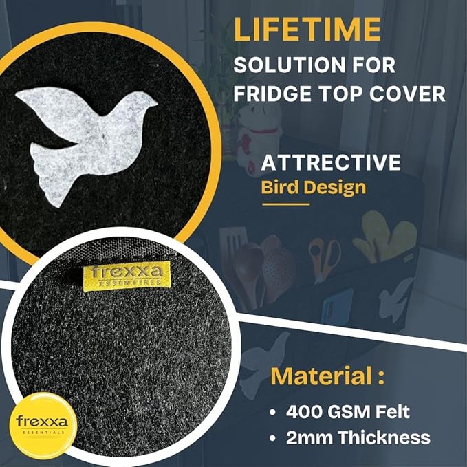 Product advertisement for a fridge top cover with a bird design, featuring the frexxa brand.