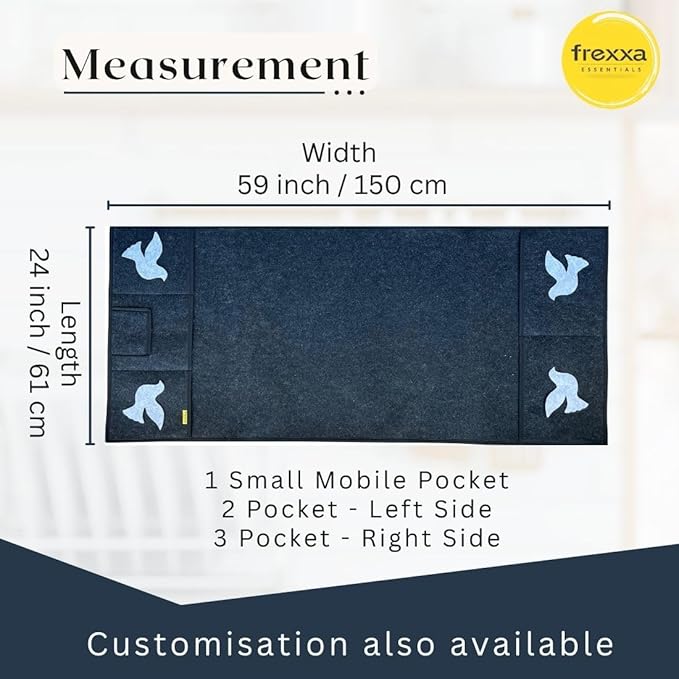 Measurement chart for a product with frexxa branding, showing dimensions and pocket details.