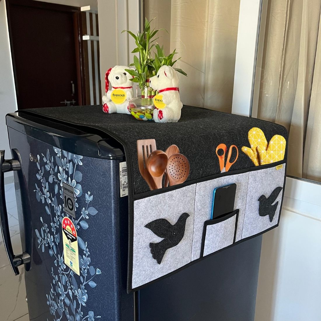 Frexxa Black Grey Fridge Top Cover – Waterproof and Dustproof Refrigerator Protective Cover with Side Pockets
