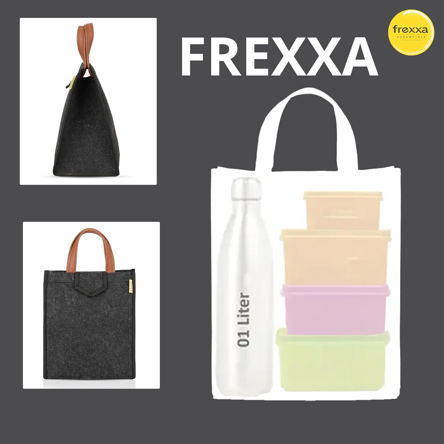 Collage of FREXXA products including bags and containers with the brand name displayed.
