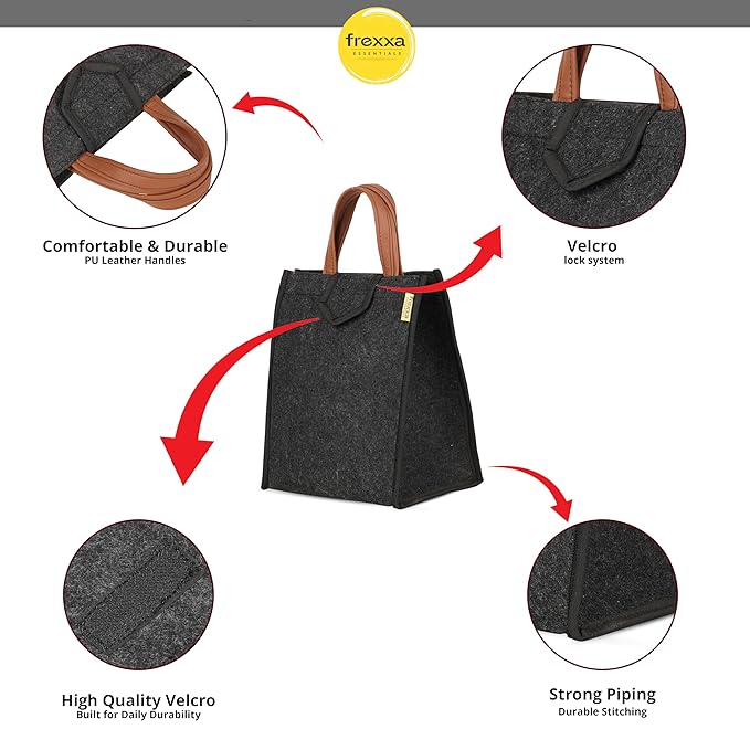 Black bag with features highlighted, including handles, lock system, and quality materials, on a white background.