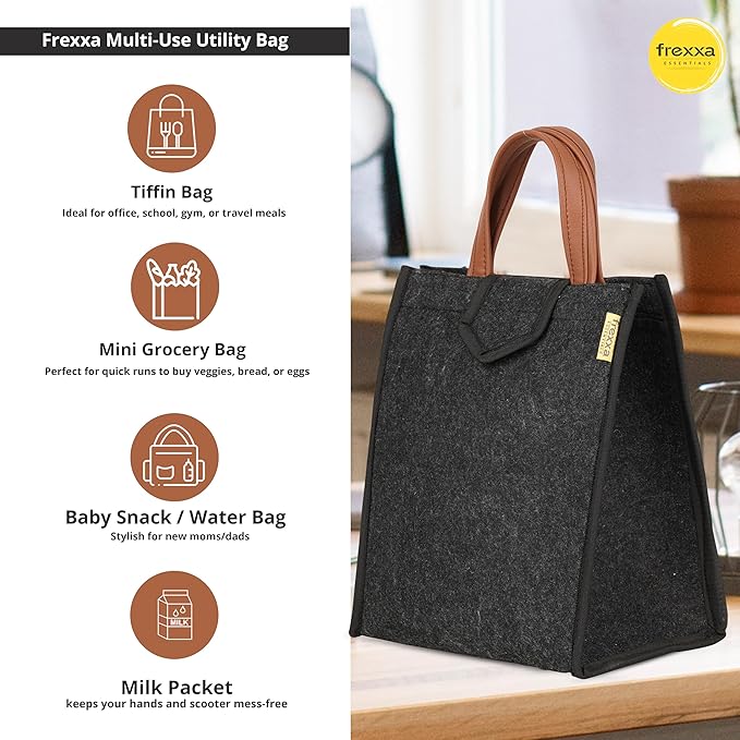 Frexxa Black Tiffin Bag – Insulated Lunch Bag for Office