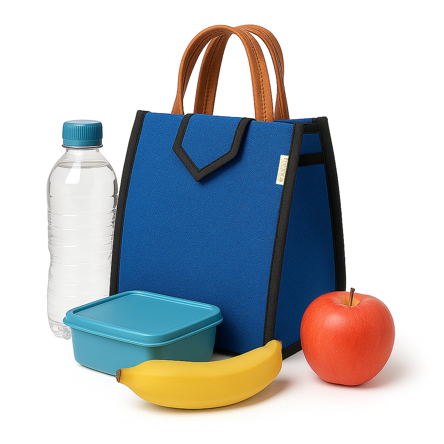 Blue lunch bag with a bottle, container, banana, and apple on a white background