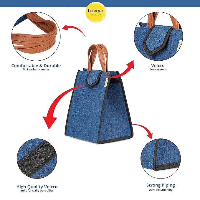 Blue bag with features highlighted, including handles, lock system, and stitching quality.