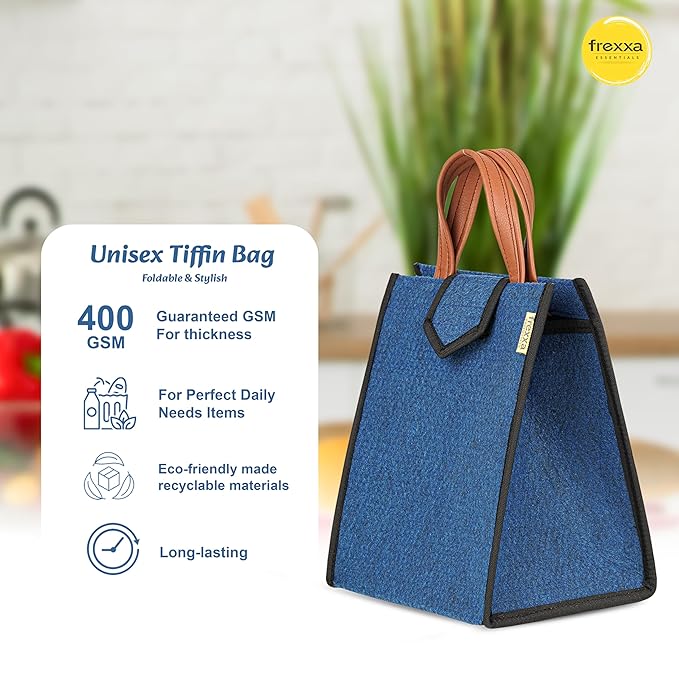 Blue tiffin bag with text detailing features and frexxa branding