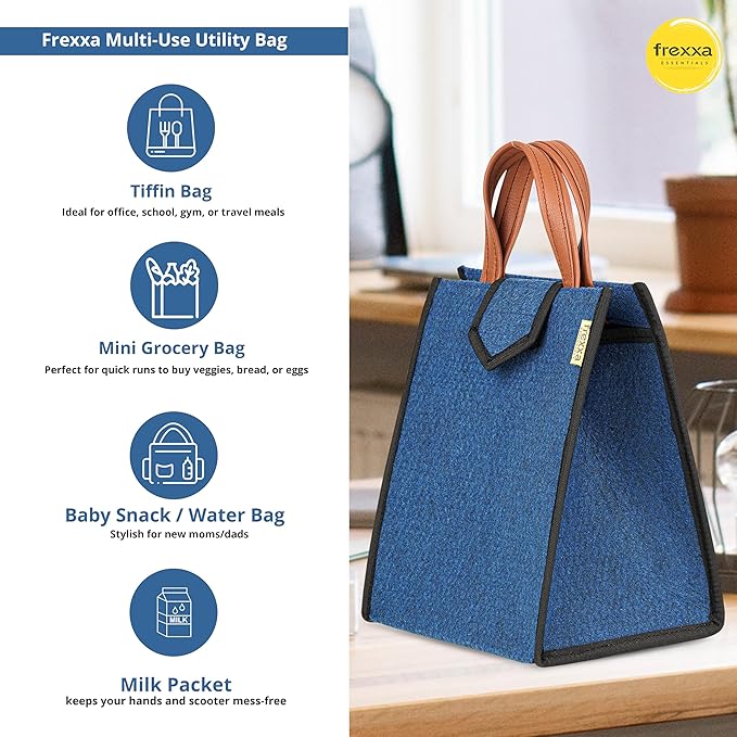 Blue Frexxa multi-use utility bag with features listed on a white background