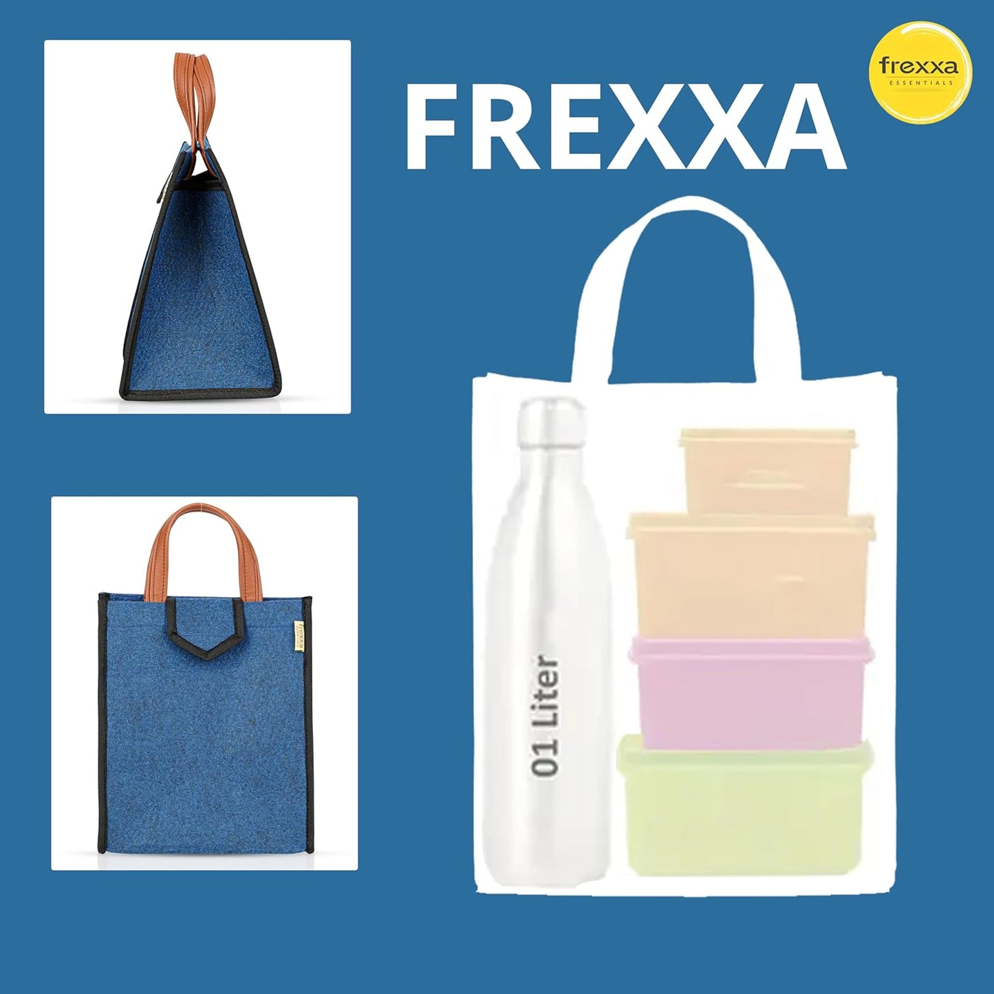 FREXXA products including bags and containers on a blue background