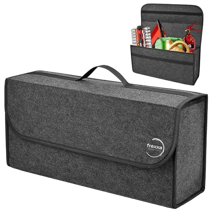 Gray car trunk organizer with Trexxa logo on a white background