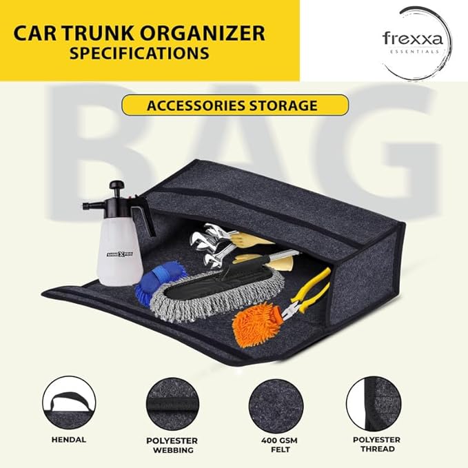 Car trunk organizer with accessories on a white background, featuring frexxa brand.