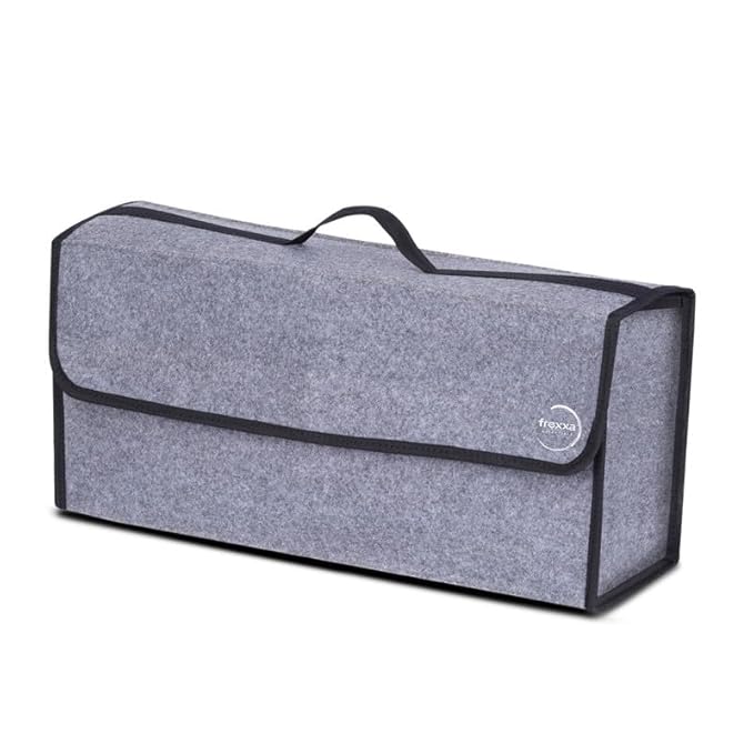 Gray car trunk organizer with black trim on a white background