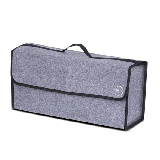 Gray car trunk organizer with black trim on a white background