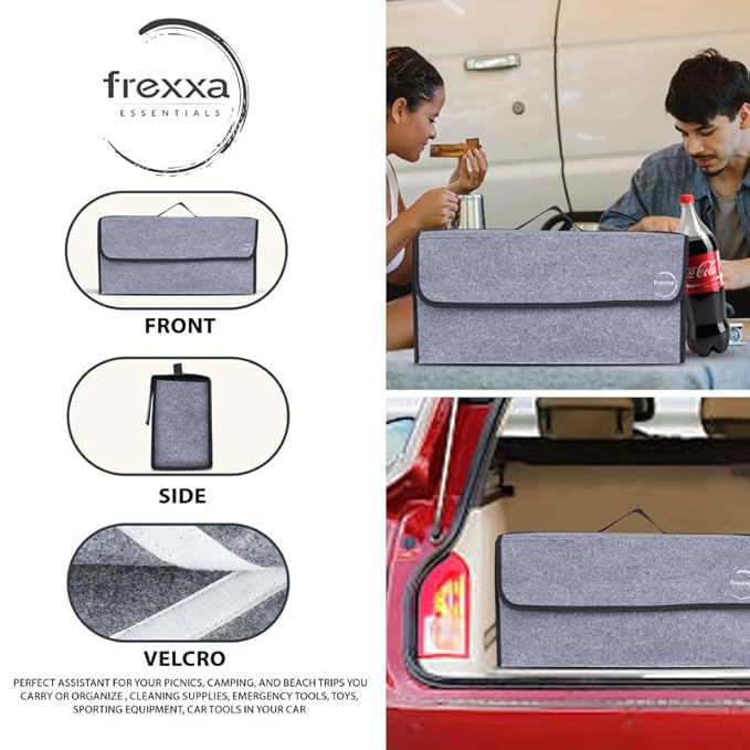 Gray car organizer with frexxa branding, shown from front, side, and velcro views, used by a couple near a car.