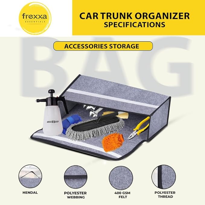 Car trunk organizer with accessories on a white background, featuring the frexxa brand.