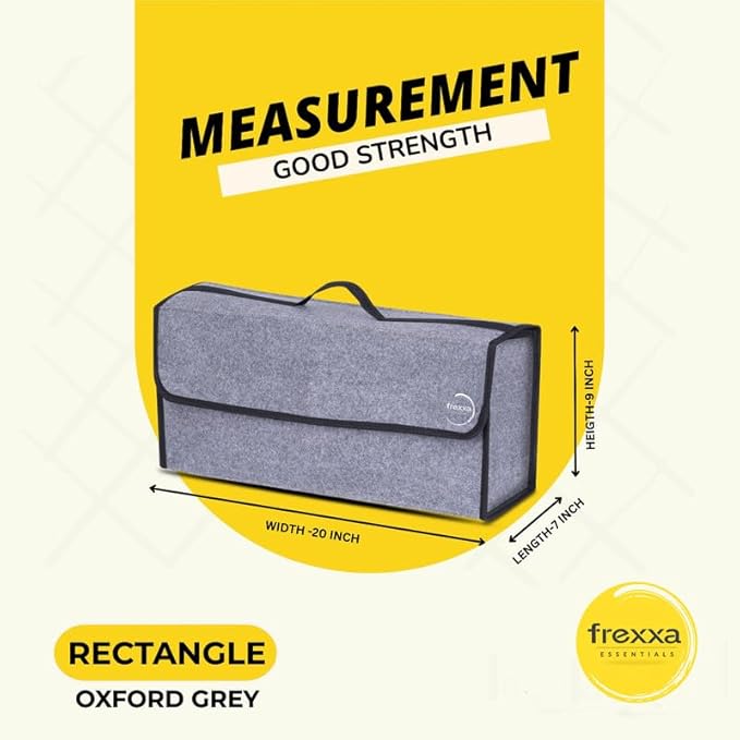 Measurement chart for a gray bag with dimensions and frexxa branding on a yellow background
